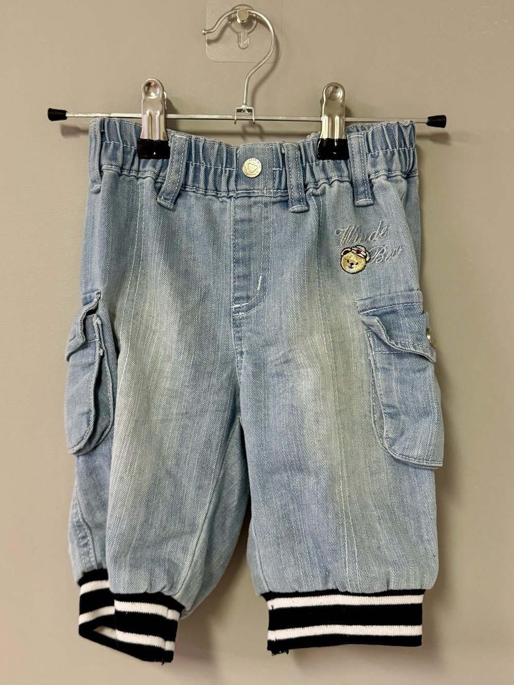 Light Blue Kids Cargo Jeans Shorts with Striped Cuffs
